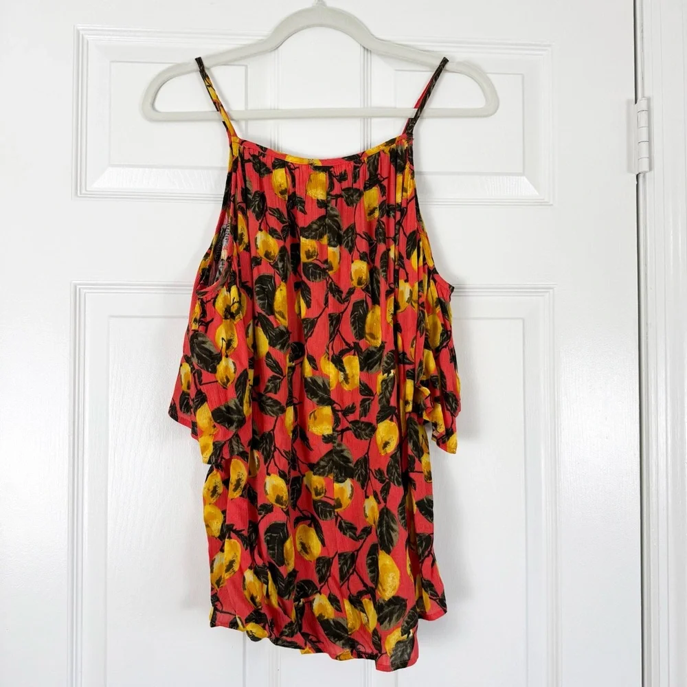 Easel Lemon Graphic Cold Shoulder Loose Flowy Top Small